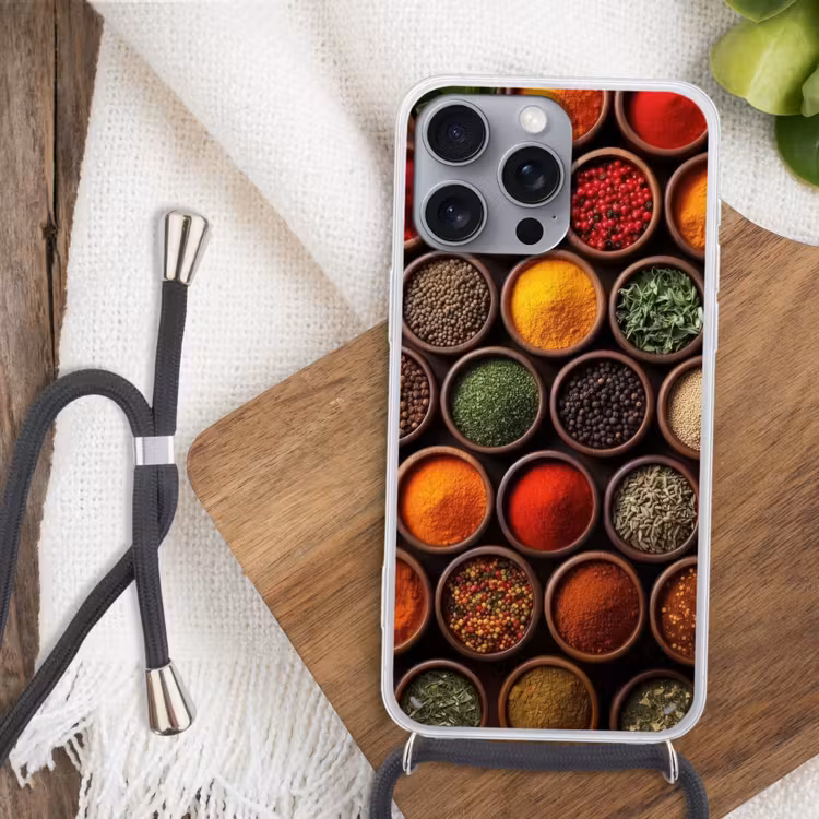 Telefoonhoesje met koord - Bakjes - Hout - Kruiden - Kleurrijk — 3