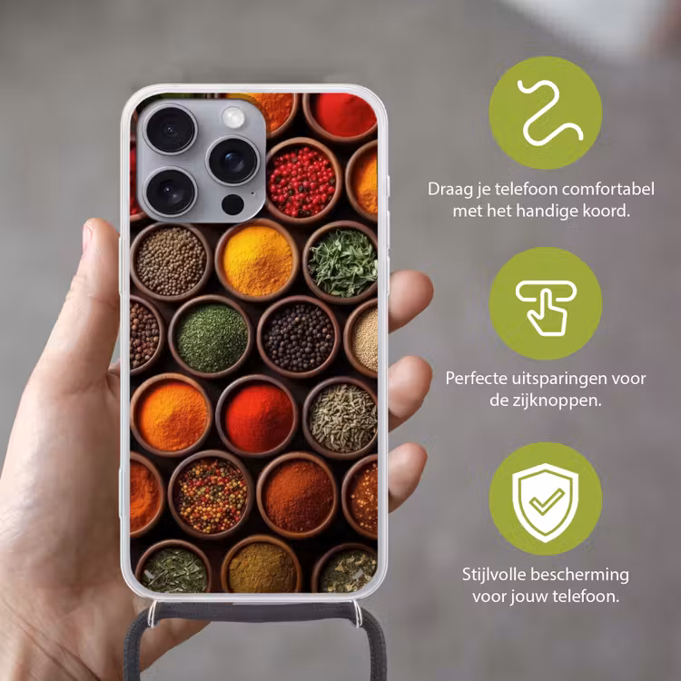 Telefoonhoesje met koord - Bakjes - Hout - Kruiden - Kleurrijk — 4