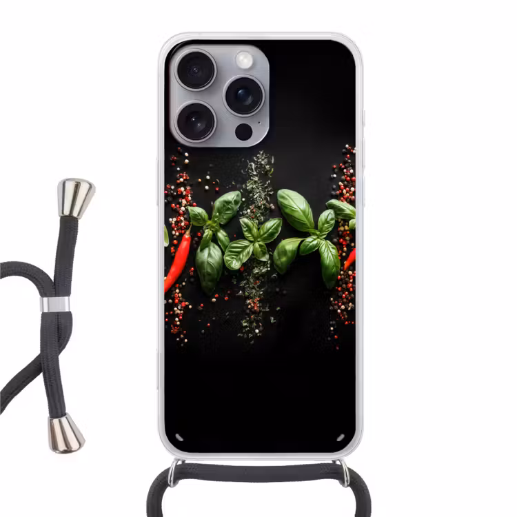 Telefoonhoesje met koord - Chilipepers - Basilicum - Blaadjes - Rood