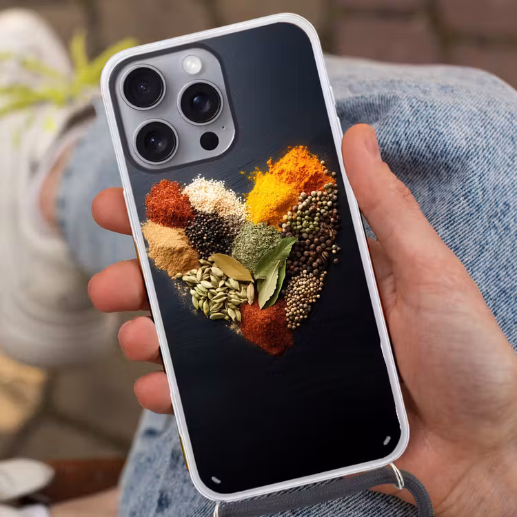 Telefoonhoesje met koord - Specerijen - Mix - Hartvorm - Zwart — 2
