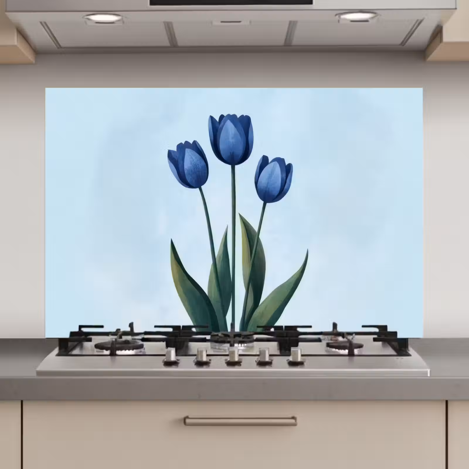 Spatscherm keuken - Tulpen - Blauw - Bladeren — 1