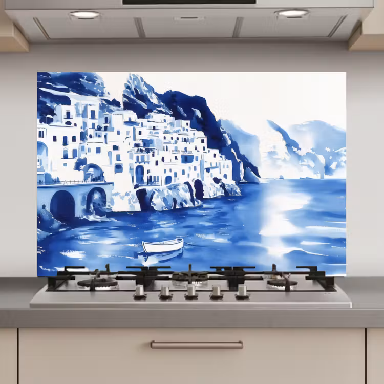 Spatscherm keuken - Dorp - Rotswand - Roeiboot - Water — 1