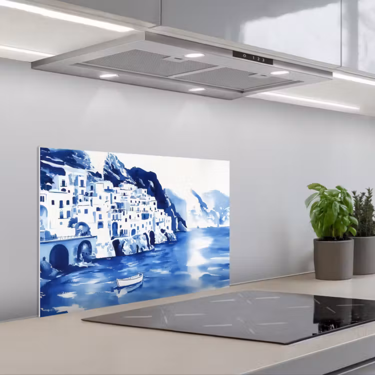 Spatscherm keuken - Dorp - Rotswand - Roeiboot - Water — 5