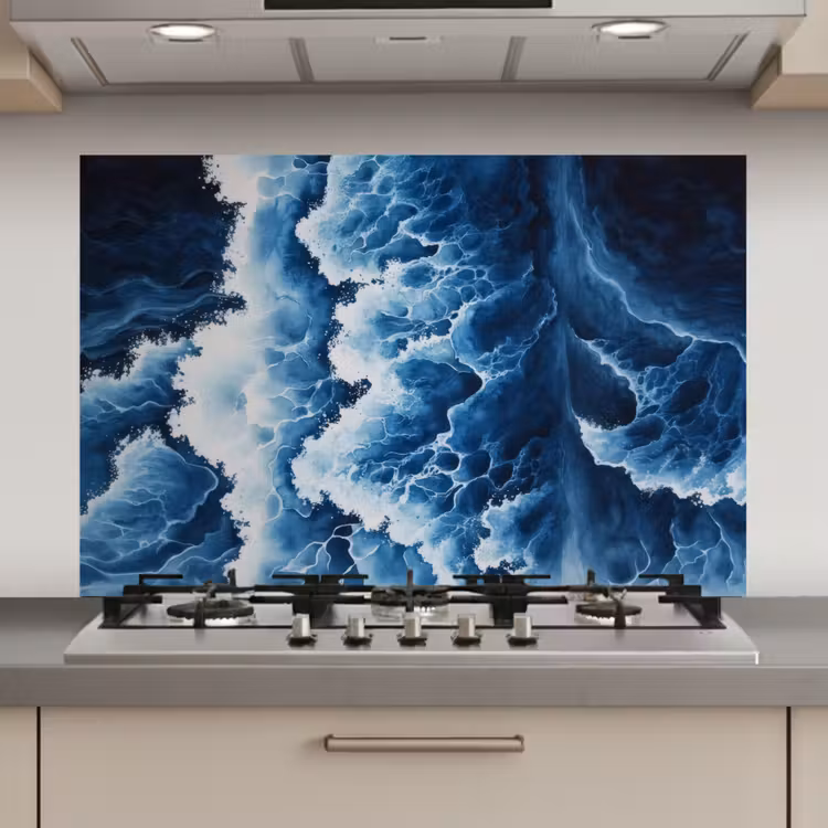 Spatscherm keuken - Golven - Blauw - Schuim — 1