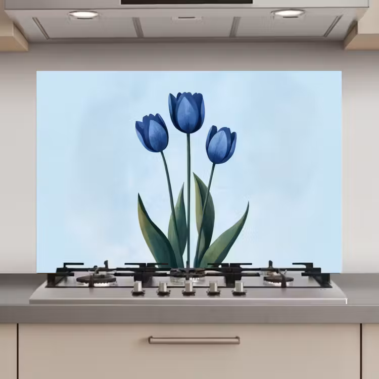Spatscherm keuken - Tulpen - Blauw - Bladeren — 1