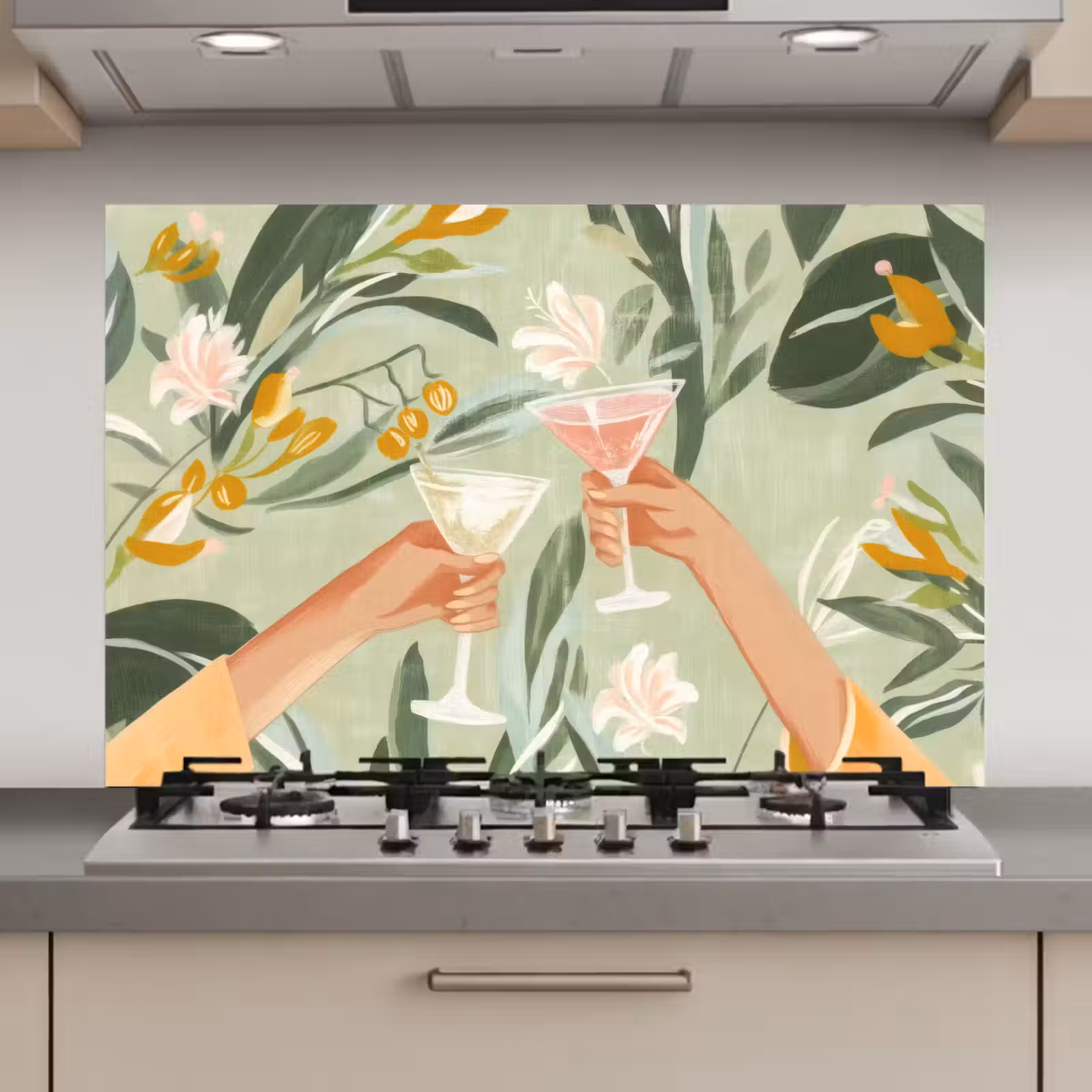 Spatscherm keuken - Glazen - Proosten - Bladeren - Groen — 1