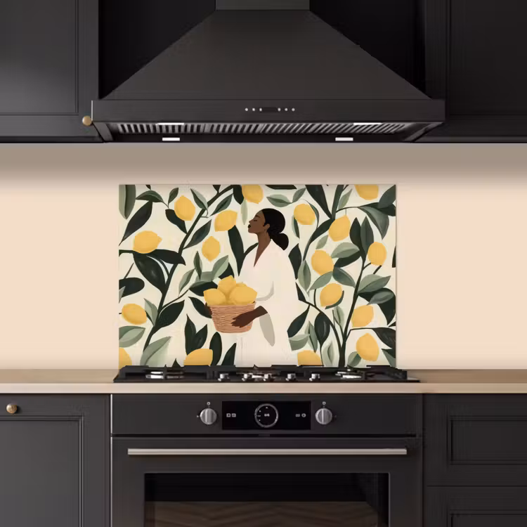 Spatscherm keuken - Vrouw - Mand - Citroenen - Bladeren — 2