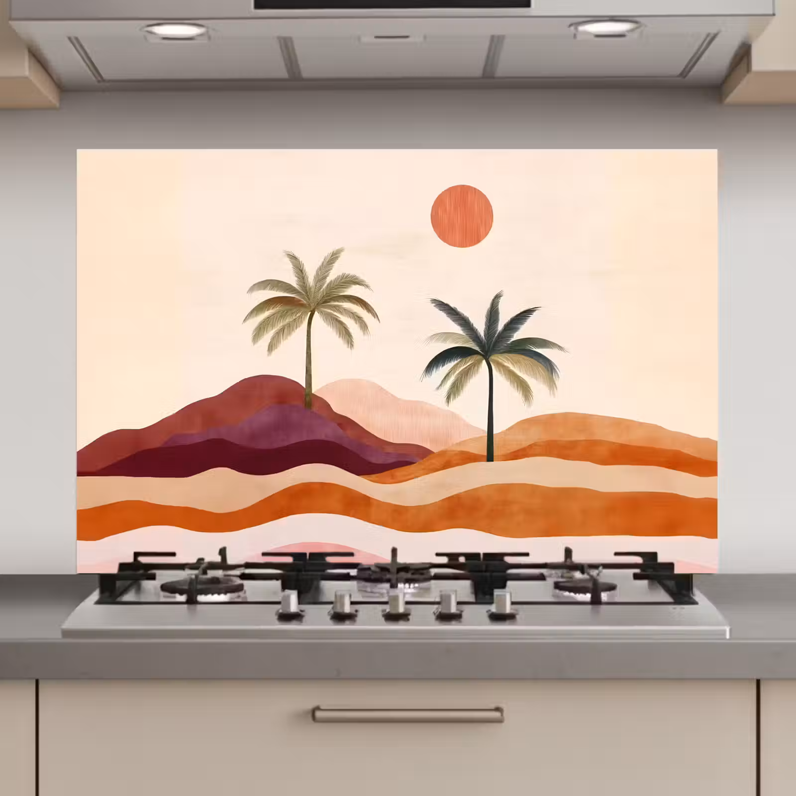 Spatscherm keuken - Palmbomen - Abstract - Zon - Heuvels — 1