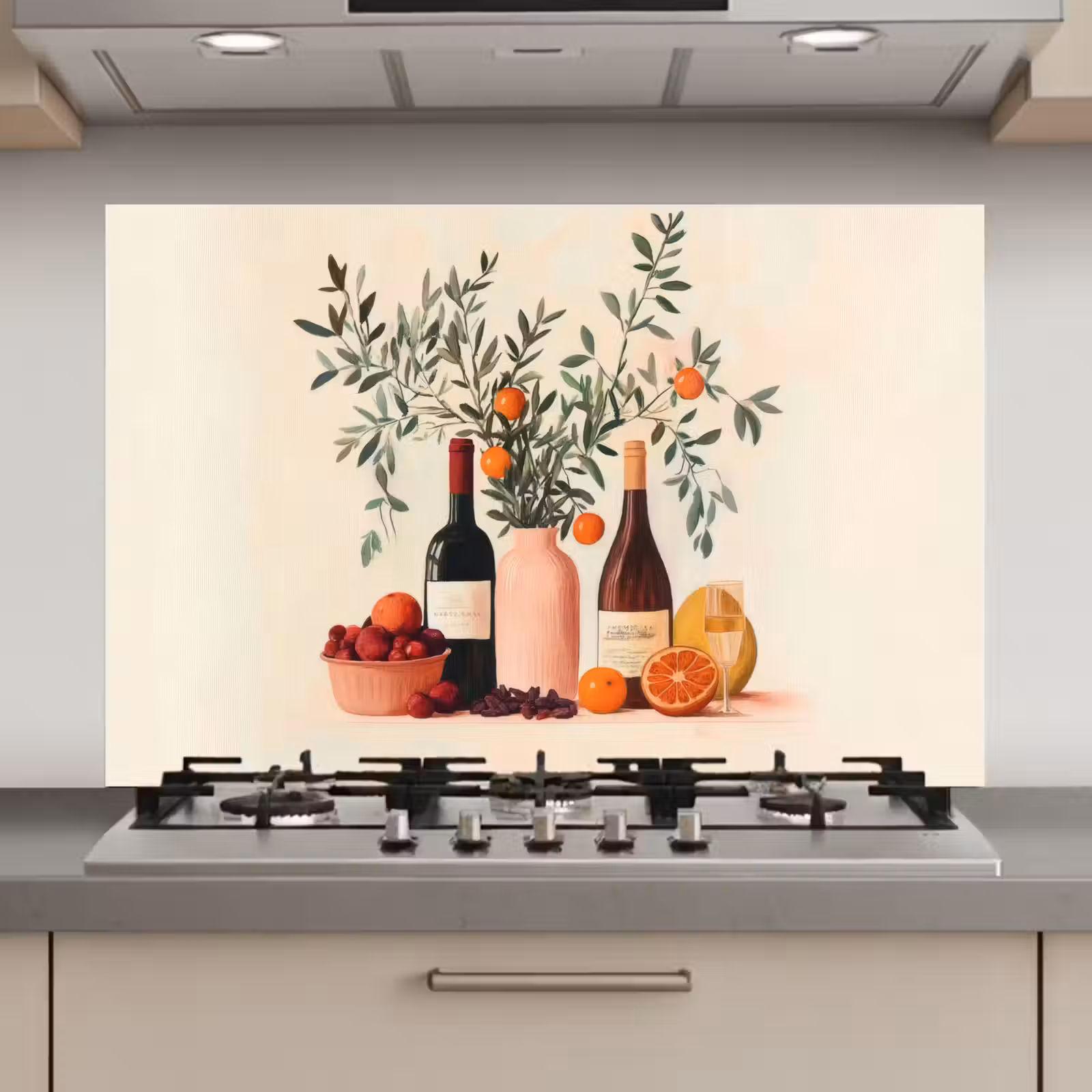Spatscherm keuken - Wijnflessen - Takken - Sinaasappels — 1