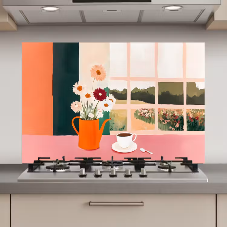 Spatscherm keuken - Bloemen - Koffie - Raam — 1