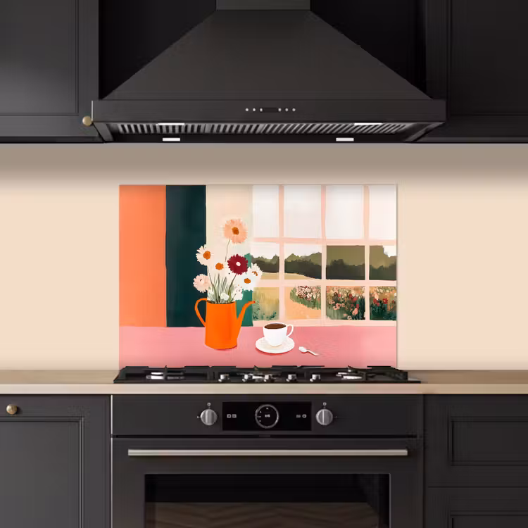 Spatscherm keuken - Bloemen - Koffie - Raam — 2