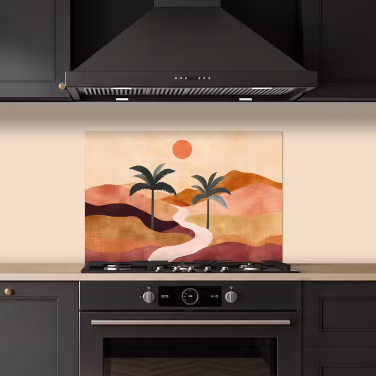 Spatscherm keuken - Heuvels - Palmbomen - Abstract — 2