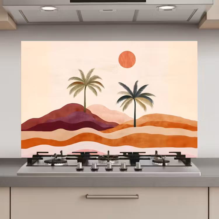 Spatscherm keuken - Palmbomen - Abstract - Zon - Heuvels — 1