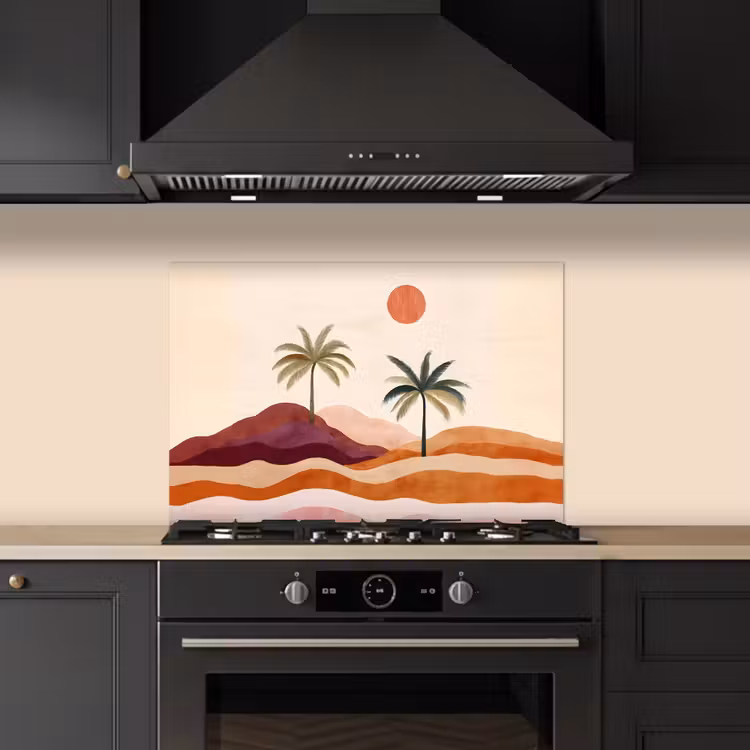 Spatscherm keuken - Palmbomen - Abstract - Zon - Heuvels — 2