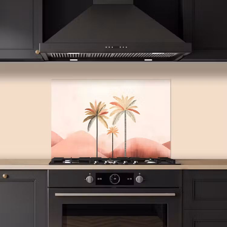 Spatscherm keuken - Palmbomen - Heuvels - Minimalistisch - Zachtroze — 2