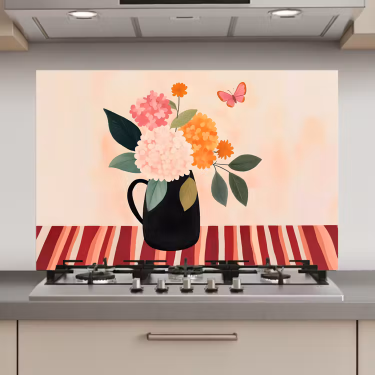 Spatscherm keuken - Vaas - Bloemen - Vlinder - Rood — 1