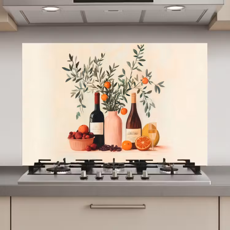 Spatscherm keuken - Wijnflessen - Takken - Sinaasappels — 1