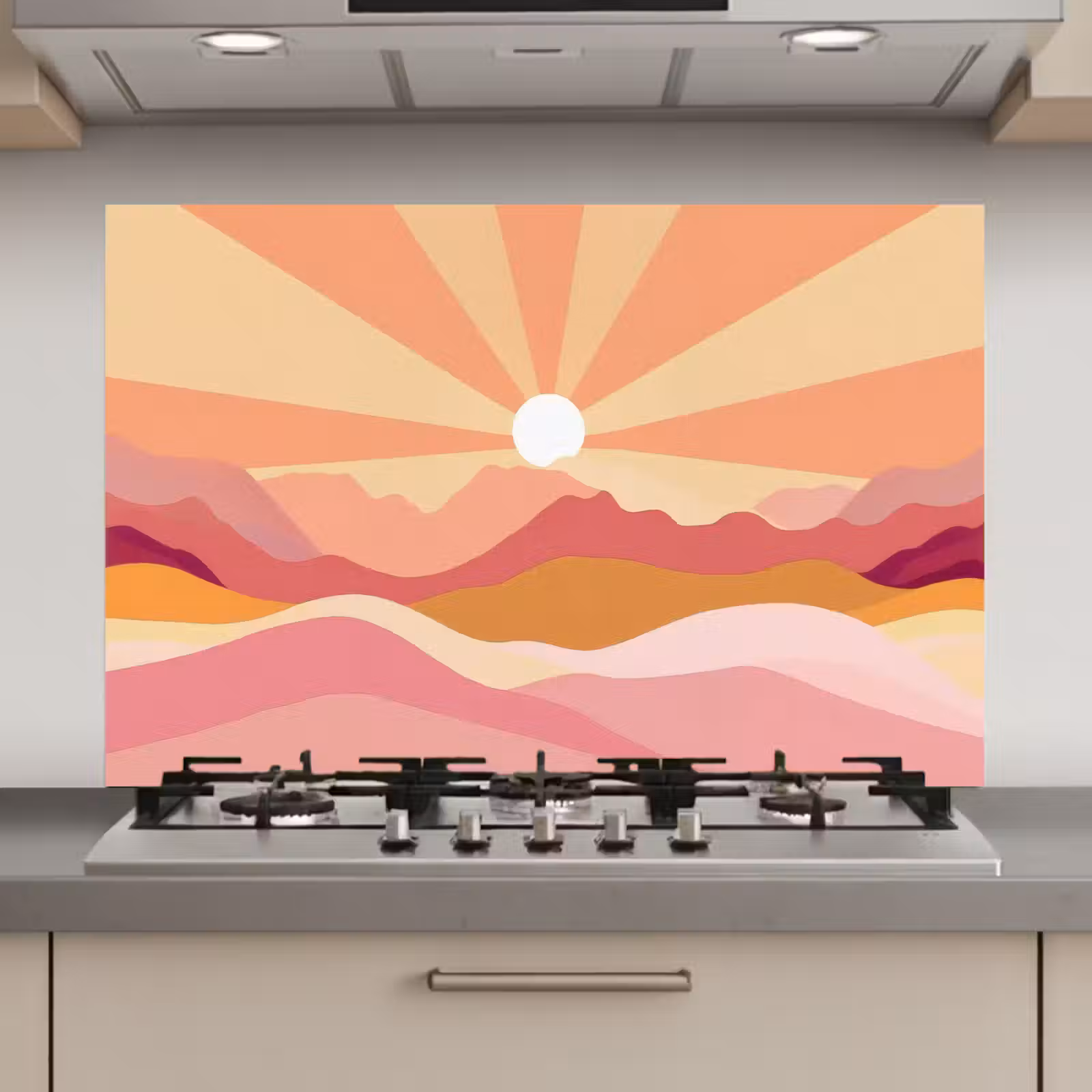 Spatscherm keuken - Bergen - Abstract - Zonnestralen - Roze — 1