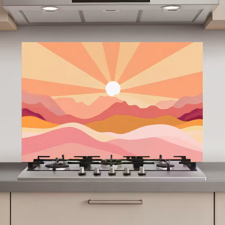 Spatscherm keuken - Bergen - Abstract - Zonnestralen - Roze — 1