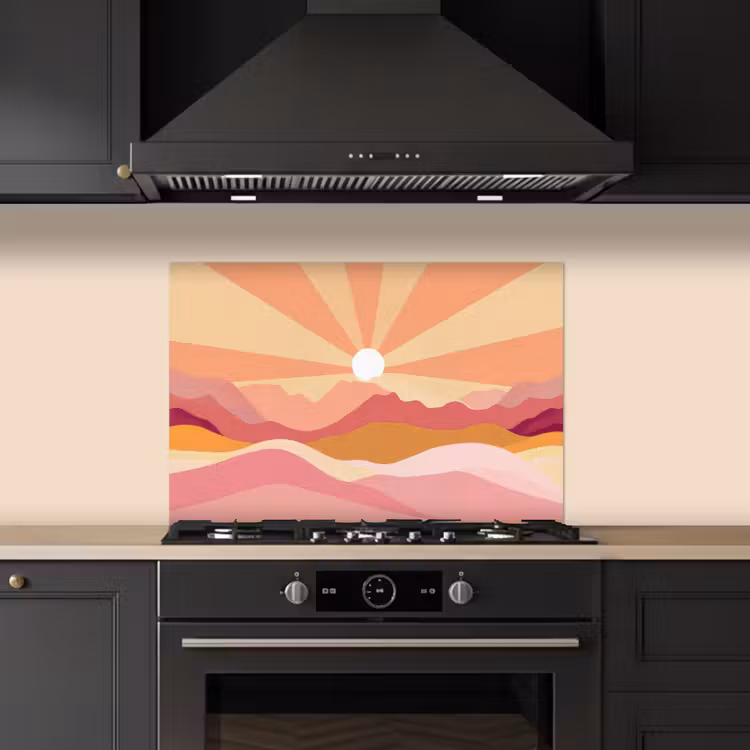 Spatscherm keuken - Bergen - Abstract - Zonnestralen - Roze — 2