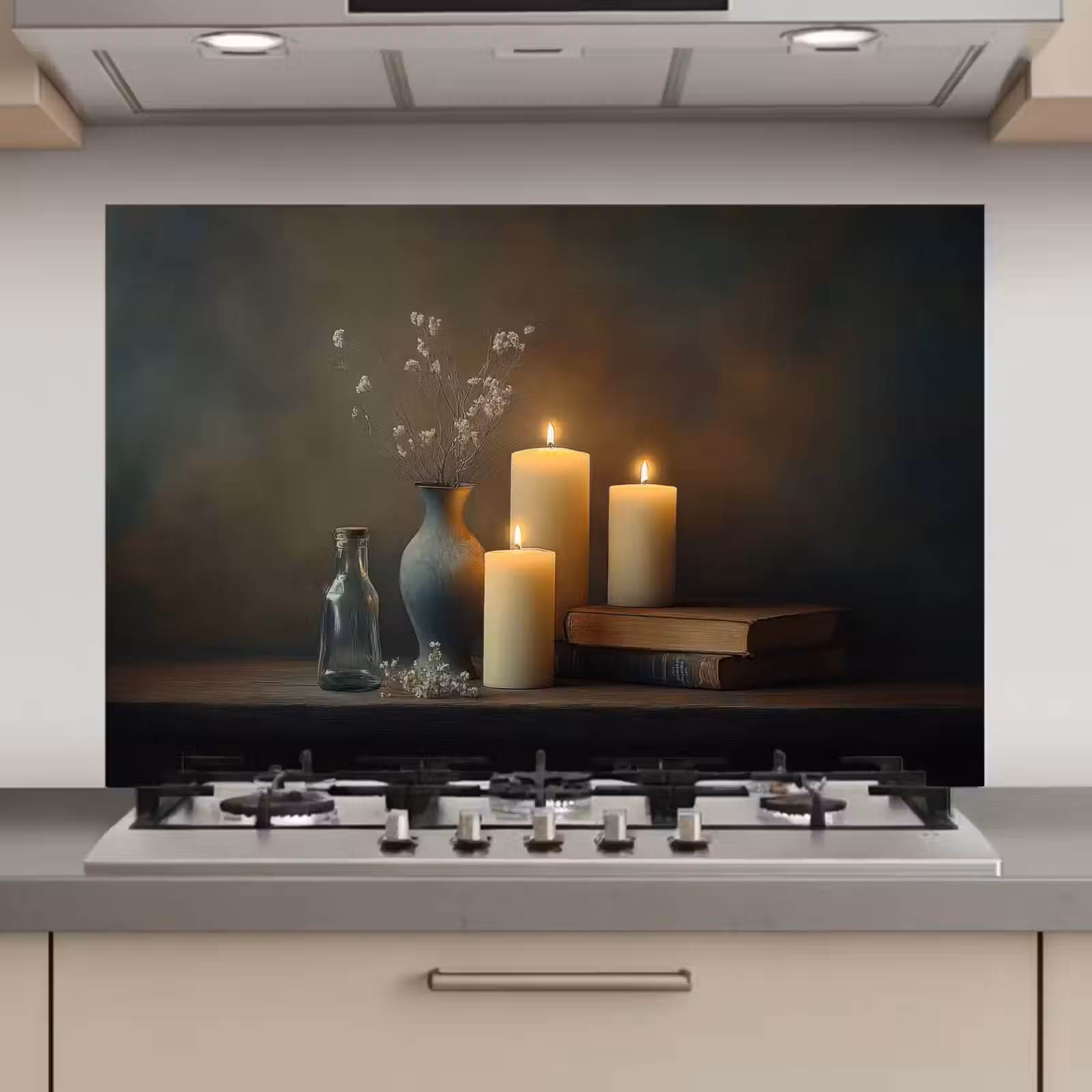 Spatscherm keuken - Kaarsen - Stilleven - Rustiek - Boeken — 1