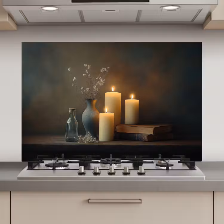 Spatscherm keuken - Kaarsen - Stilleven - Rustiek - Boeken — 1