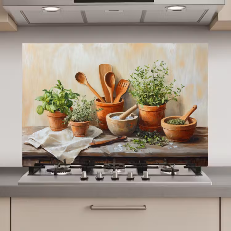 Spatscherm keuken - Potten - Kruiden - Hout — 1