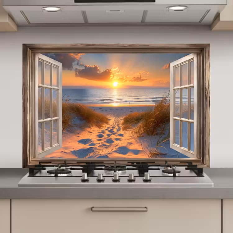 Spatscherm keuken - Doorkijk - Strand - Duinen - Zonsondergang — 1