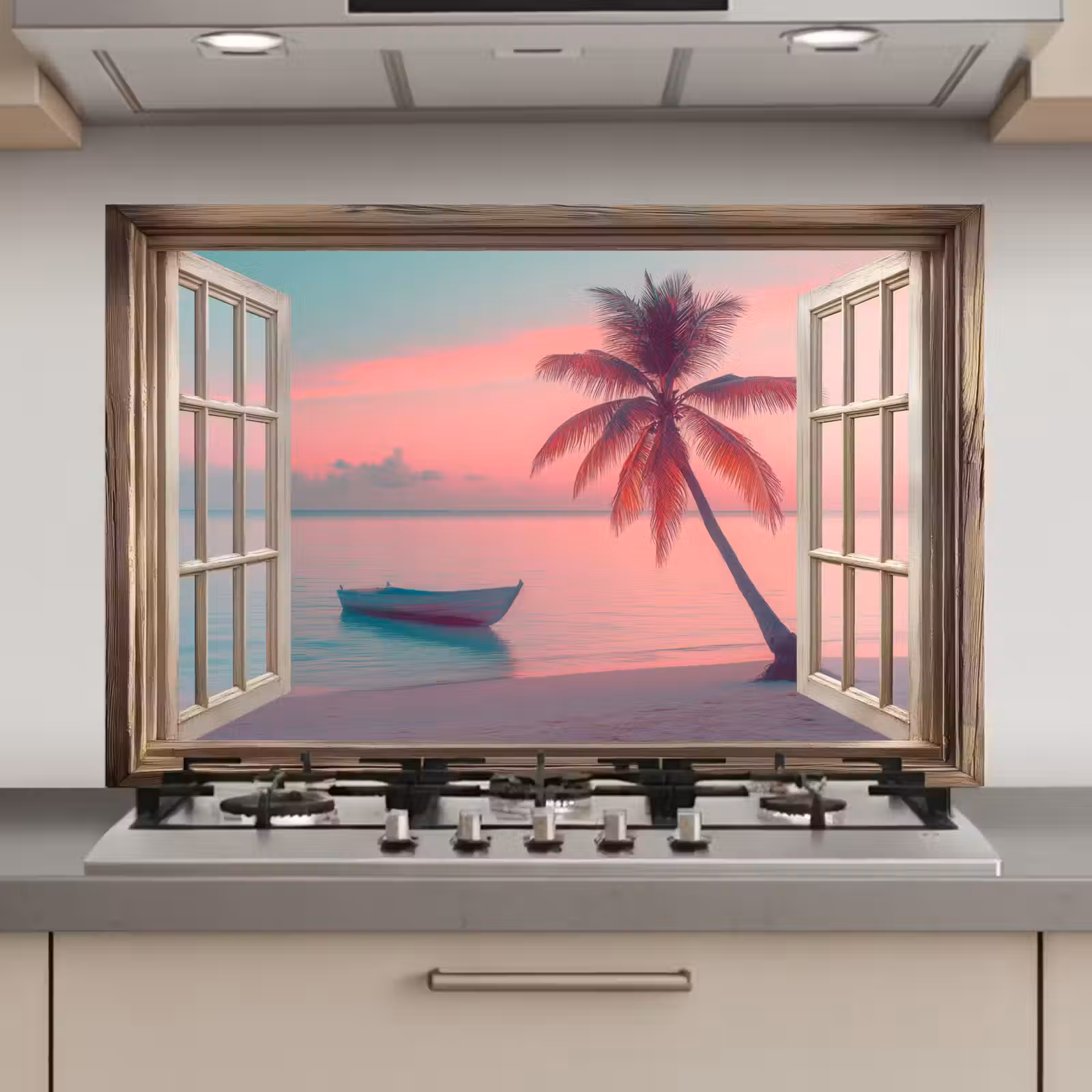 Spatscherm keuken - Doorkijk - Strand - Palmboom - Tropisch — 1