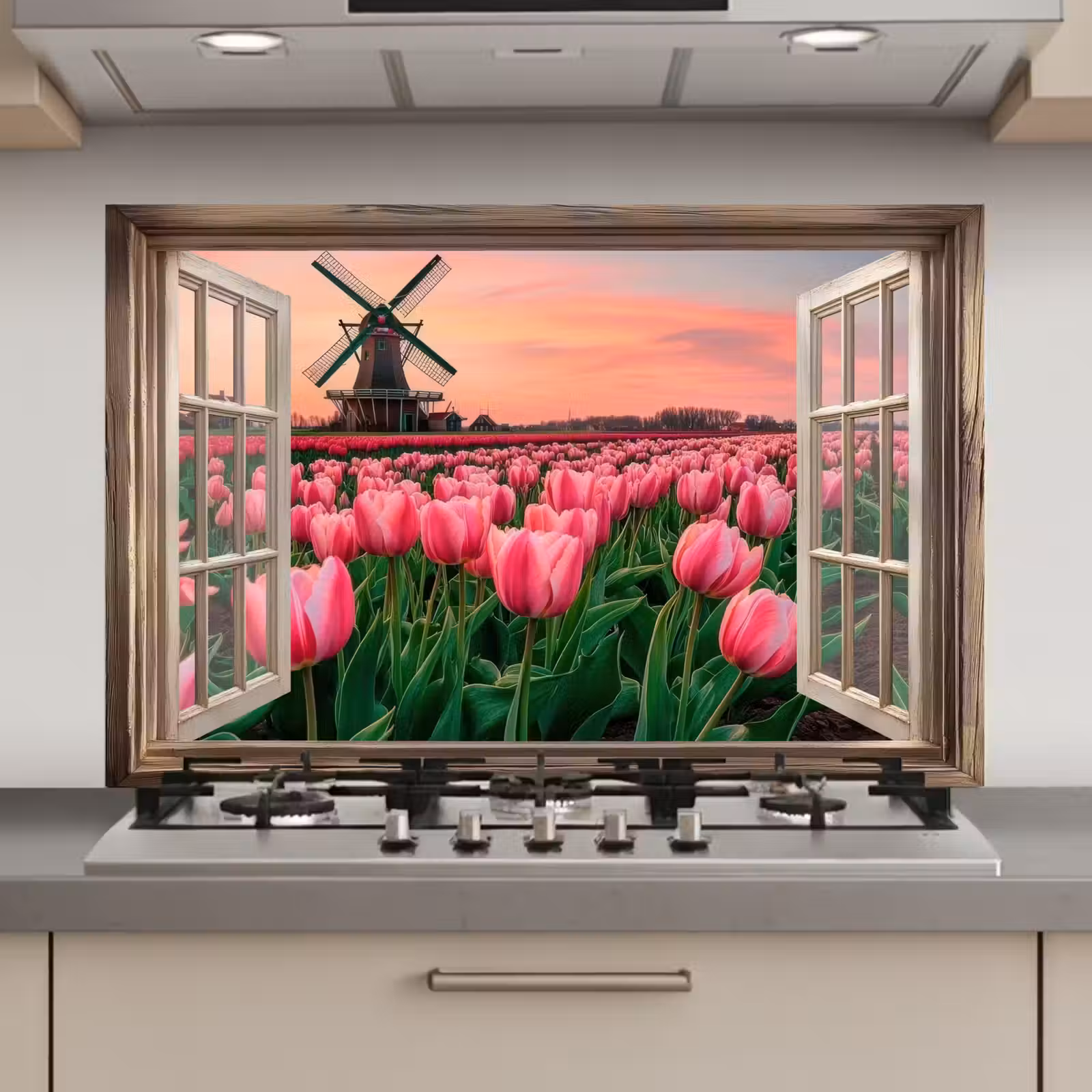 Spatscherm keuken - Doorkijk - Tulpen - Bloemen - Molen - Raam — 1