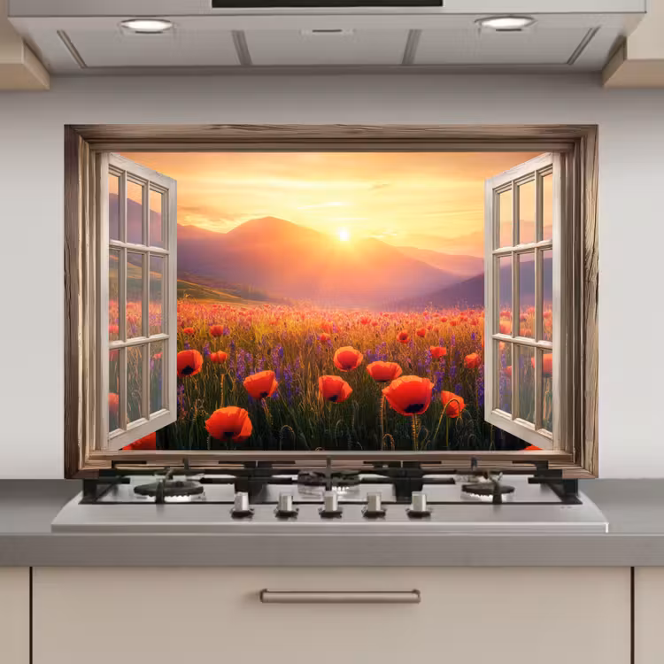 Spatscherm keuken - Doorkijk - Klaprozen - Bloemen - Rood - Open raam — 1