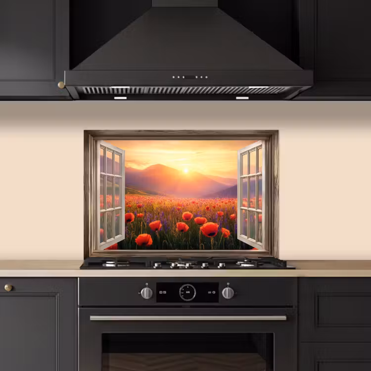 Spatscherm keuken - Doorkijk - Klaprozen - Bloemen - Rood - Open raam — 2