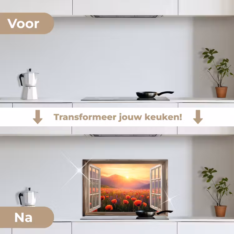 Spatscherm keuken - Doorkijk - Klaprozen - Bloemen - Rood - Open raam — 3