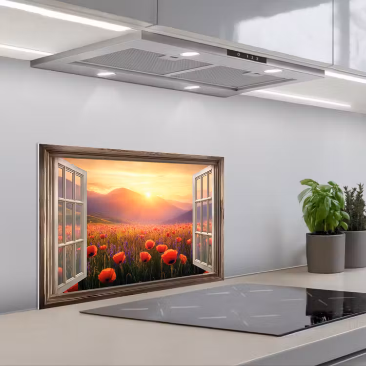 Spatscherm keuken - Doorkijk - Klaprozen - Bloemen - Rood - Open raam — 5