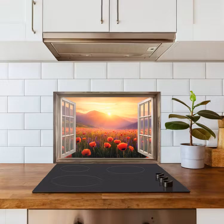 Spatscherm keuken - Doorkijk - Klaprozen - Bloemen - Rood - Open raam — 6