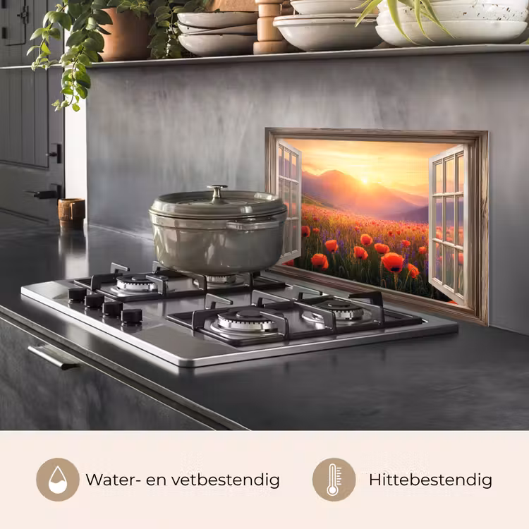 Spatscherm keuken - Doorkijk - Klaprozen - Bloemen - Rood - Open raam — 7