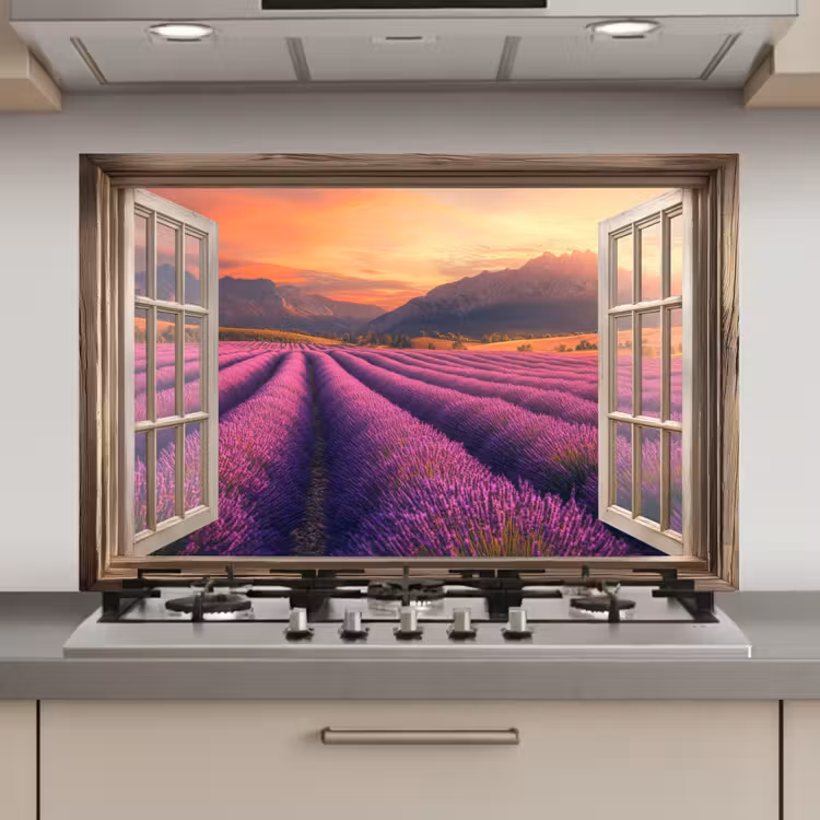 Spatscherm keuken - Doorkijk - Lavendel - Landschap - Bloemen - Paars — 1