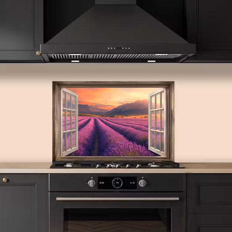 Spatscherm keuken - Doorkijk - Lavendel - Landschap - Bloemen - Paars — 2