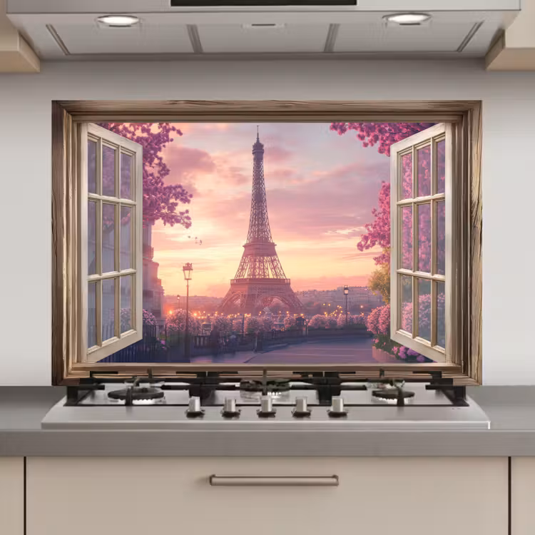 Spatscherm keuken - Doorkijk - Parijs - Eiffeltoren - Roze - Kersenbloesem — 1