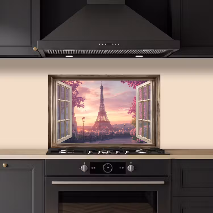 Spatscherm keuken - Doorkijk - Parijs - Eiffeltoren - Roze - Kersenbloesem — 2