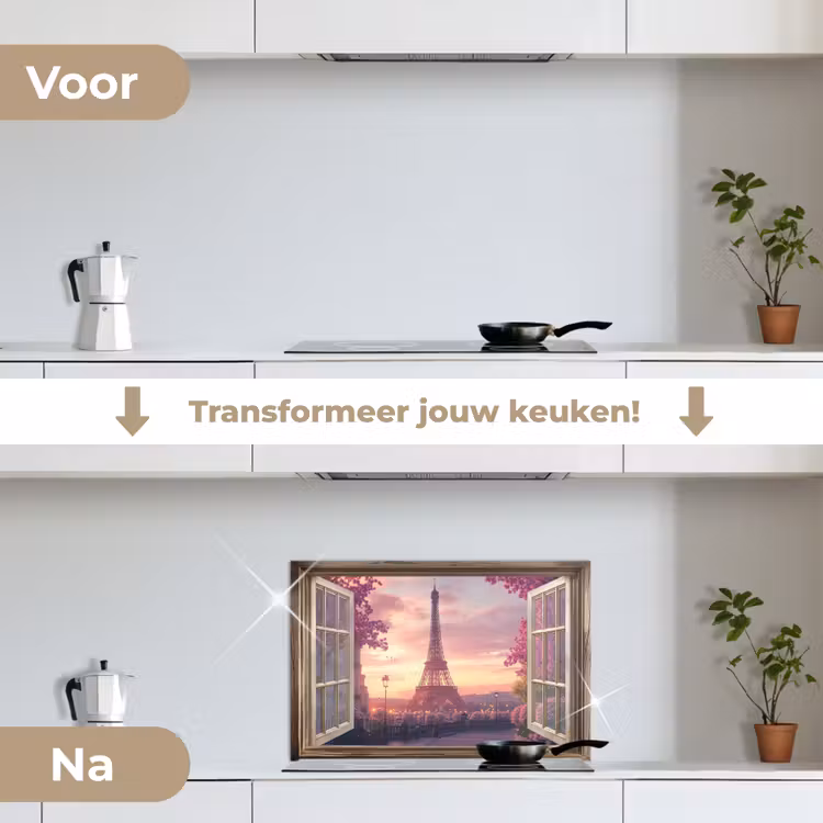 Spatscherm keuken - Doorkijk - Parijs - Eiffeltoren - Roze - Kersenbloesem — 3
