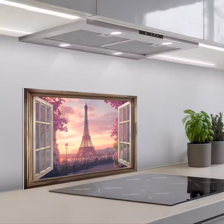 Spatscherm keuken - Doorkijk - Parijs - Eiffeltoren - Roze - Kersenbloesem — 5