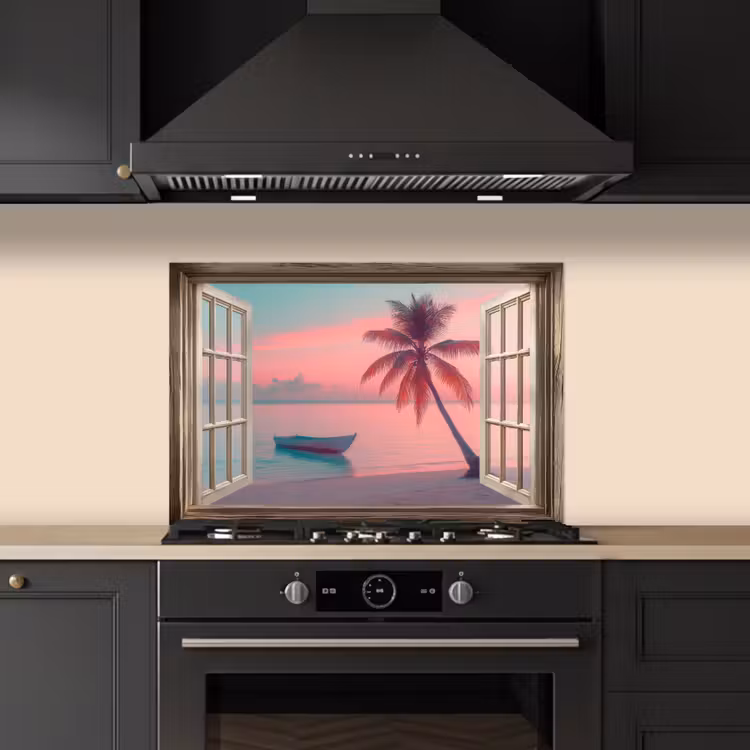 Spatscherm keuken - Doorkijk - Strand - Palmboom - Tropisch — 2