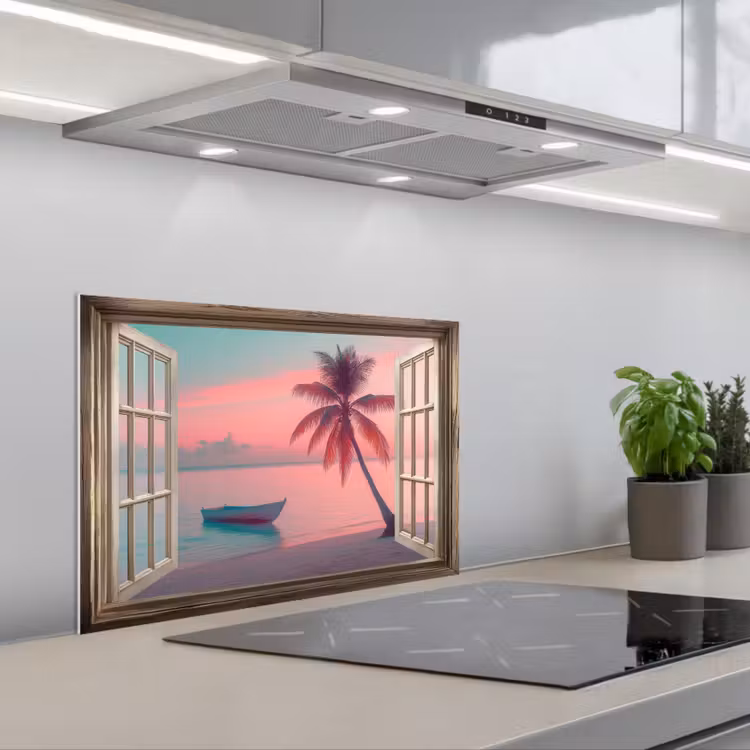 Spatscherm keuken - Doorkijk - Strand - Palmboom - Tropisch — 5