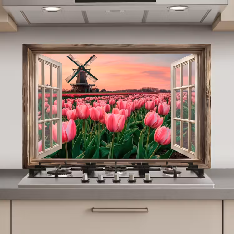 Spatscherm keuken - Doorkijk - Tulpen - Bloemen - Molen - Raam — 1