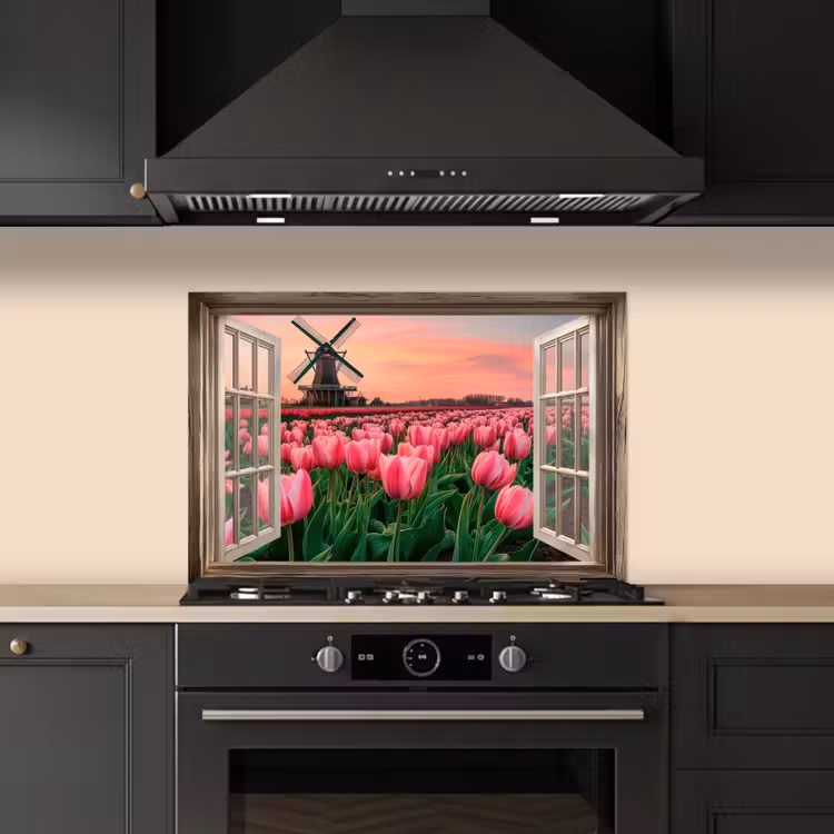 Spatscherm keuken - Doorkijk - Tulpen - Bloemen - Molen - Raam — 2