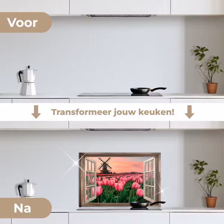 Spatscherm keuken - Doorkijk - Tulpen - Bloemen - Molen - Raam — 3