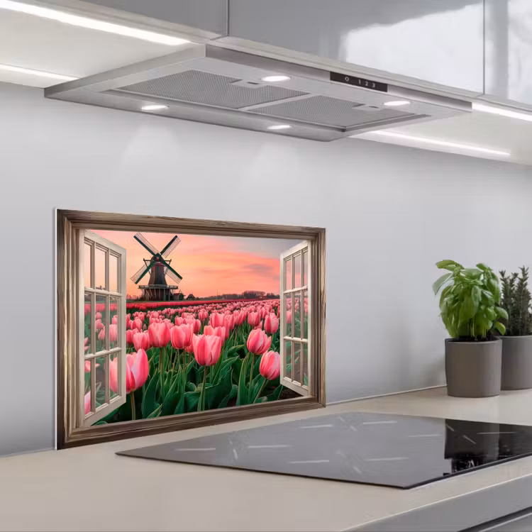 Spatscherm keuken - Doorkijk - Tulpen - Bloemen - Molen - Raam — 5