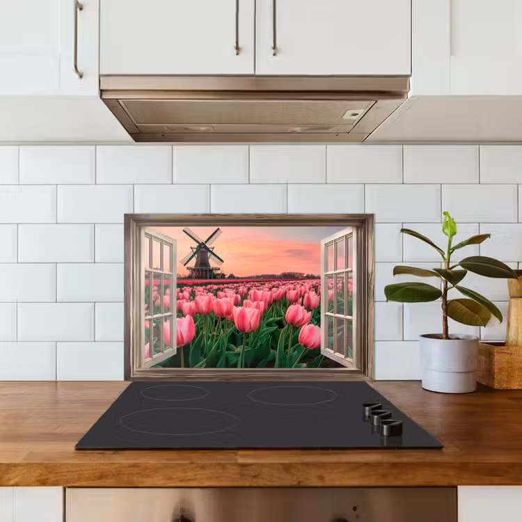 Spatscherm keuken - Doorkijk - Tulpen - Bloemen - Molen - Raam — 6