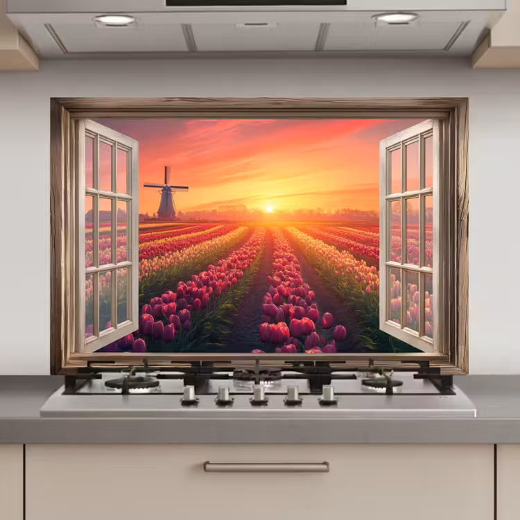 Spatscherm keuken - Doorkijk - Tulpen - Zonsondergang - Bloemen - Kleurrijk — 1